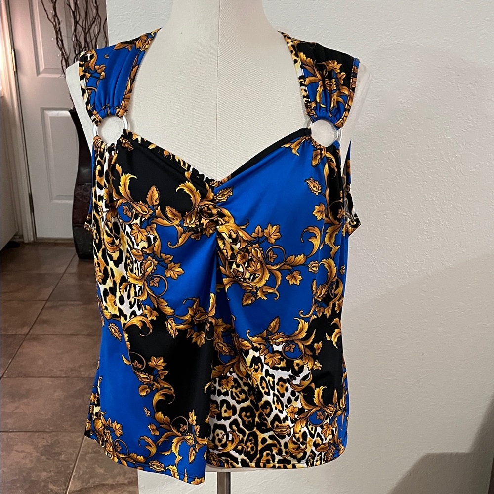 Vibrant Women's Tank Top with Blue and Gold Design